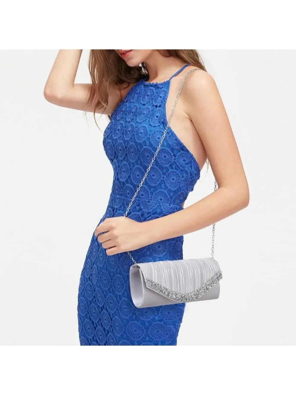 Women's Silver Rhinestone Evening Clutch Purse Formal Hand Bag Prom Party Bag